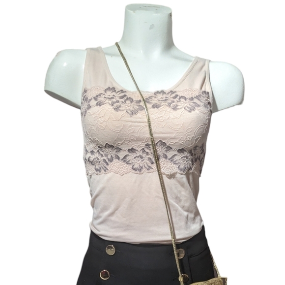 Rhonda Shear Tops - Rhonda Shear Lace Compression Tank Top Built-In Shelf Bra Nude Pink Medium Shape